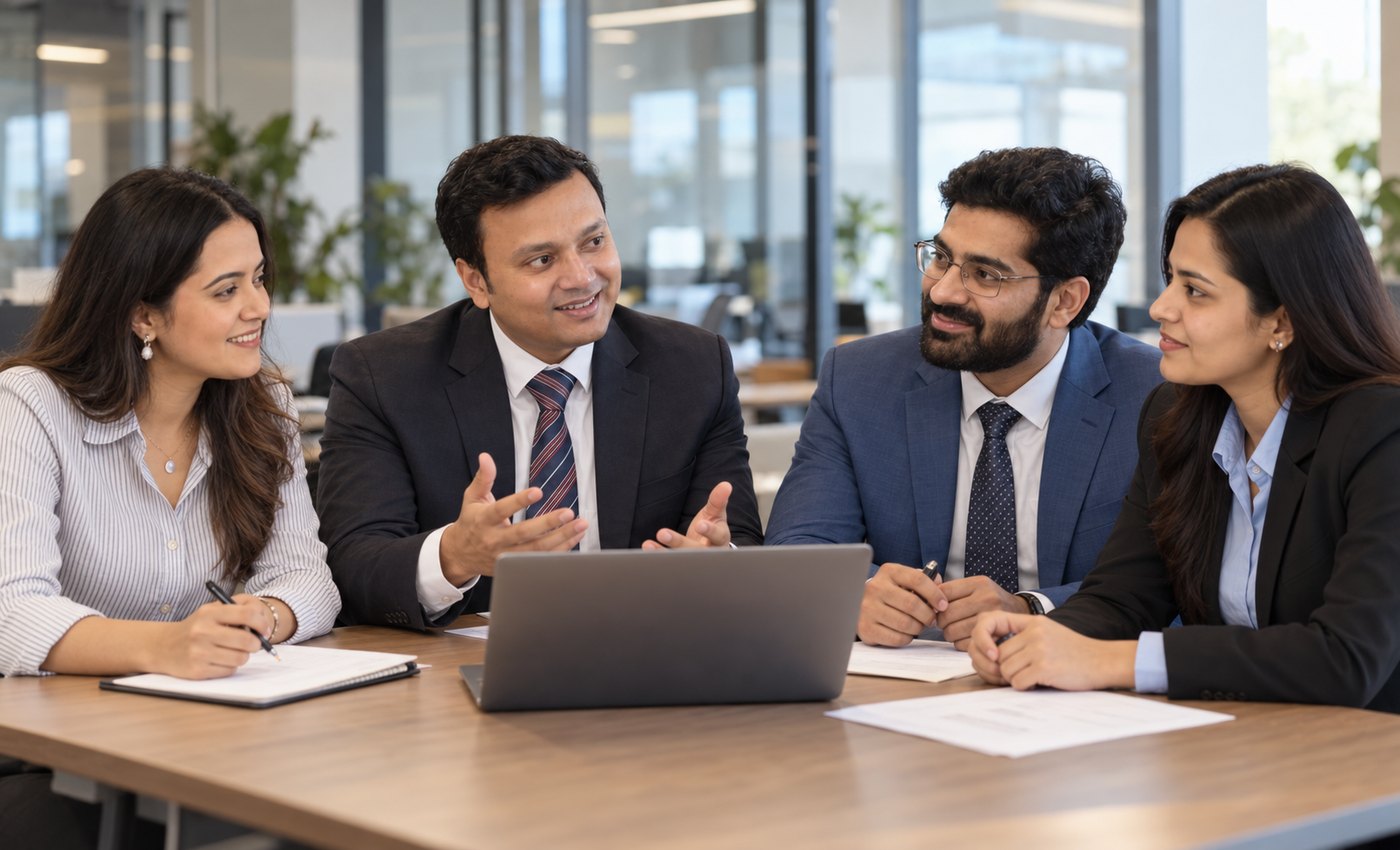 Surya Pratap Dash discussing a project with three colleagues